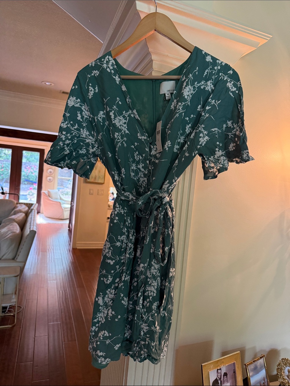 Greylin Teal Floral Wrap Dress with White Blossom Pattern